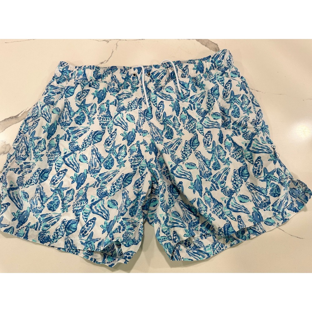 Lilly Pulitzer Mens Blue Seashell Print Swim Trunks Mesh Lined Shorts Size L